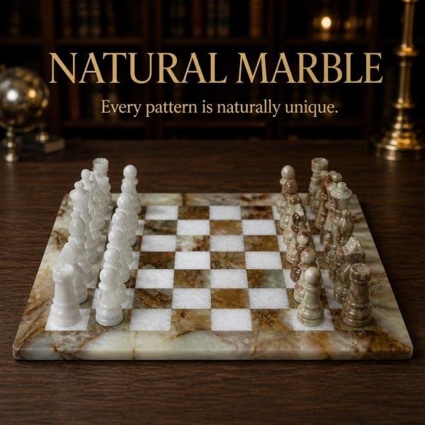 Handcrafted Green White Marble Chess Set, Natural Stone Board Game, Luxury Home Decor