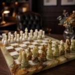 Handcrafted Green White Marble Chess Set, Natural Stone Board Game, Luxury Home Decor