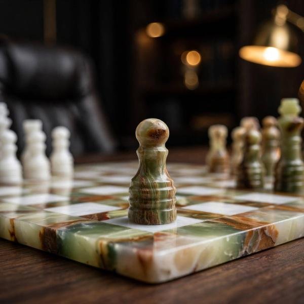 Handcrafted Green White Marble Chess Set, Natural Stone Board Game, Luxury Home Decor
