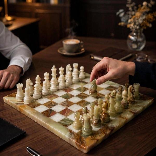 Handcrafted Green White Marble Chess Set, Natural Stone Board Game, Luxury Home Decor