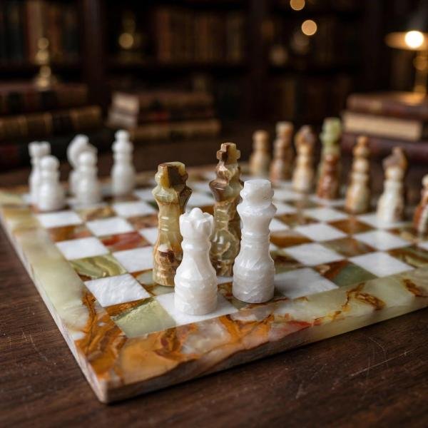 Handcrafted Green White Marble Chess Set, Natural Stone Board Game, Luxury Home Decor