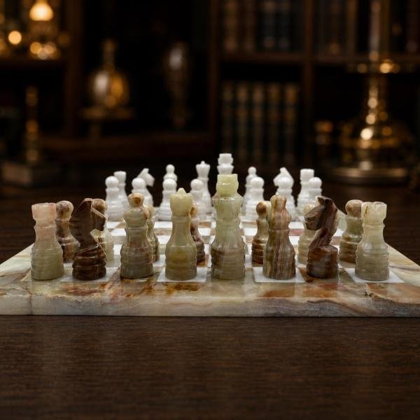 Handcrafted Green White Marble Chess Set, Natural Stone Board Game, Luxury Home Decor