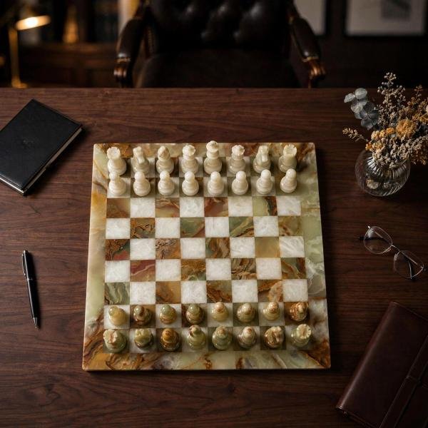 Handcrafted Green White Marble Chess Set, Natural Stone Board Game, Luxury Home Decor