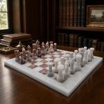 12-Inch White and Pink Marble Chess Set, Handmade Natural Stone Board