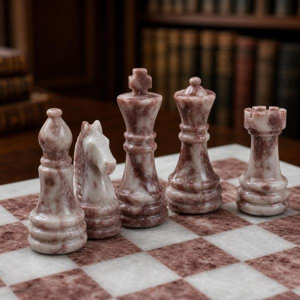 12-Inch White and Pink Marble Chess Set, Handmade Natural Stone Board
