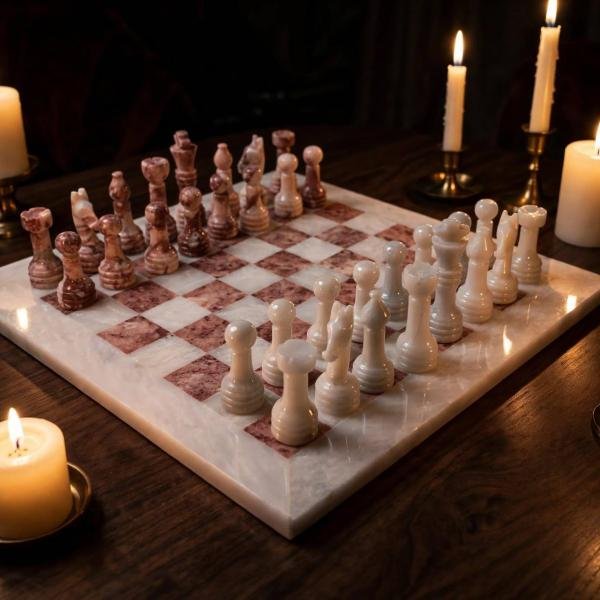 12-Inch White and Pink Marble Chess Set, Handmade Natural Stone Board