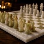 White and Green Marble Chess Set, 12 Inch Handmade Natural Stone Board