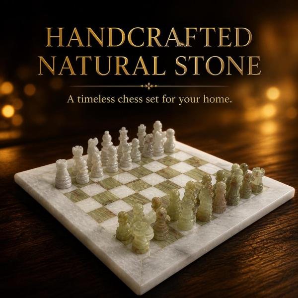 White and Green Marble Chess Set, 12 Inch Handmade Natural Stone Board