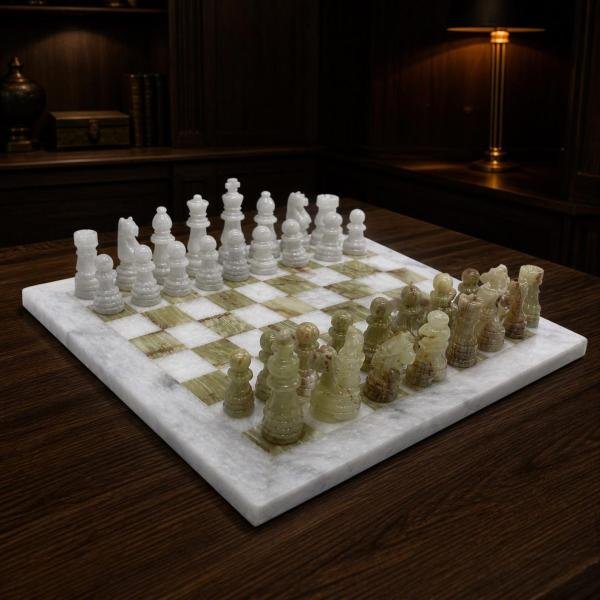 White and Green Marble Chess Set, 12 Inch Handmade Natural Stone Board