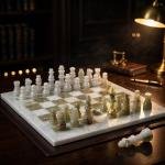 White and Green Marble Chess Set, 12 Inch Handmade Natural Stone Board
