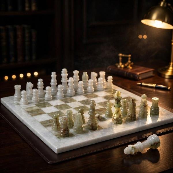 White and Green Marble Chess Set, 12 Inch Handmade Natural Stone Board