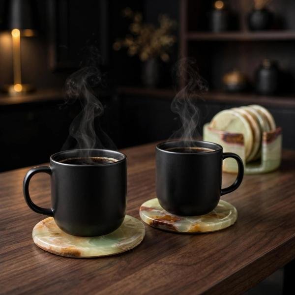 Handmade Green Onyx Coasters | Natural Marble Drink Coasters with Holder | Luxury Home Decor