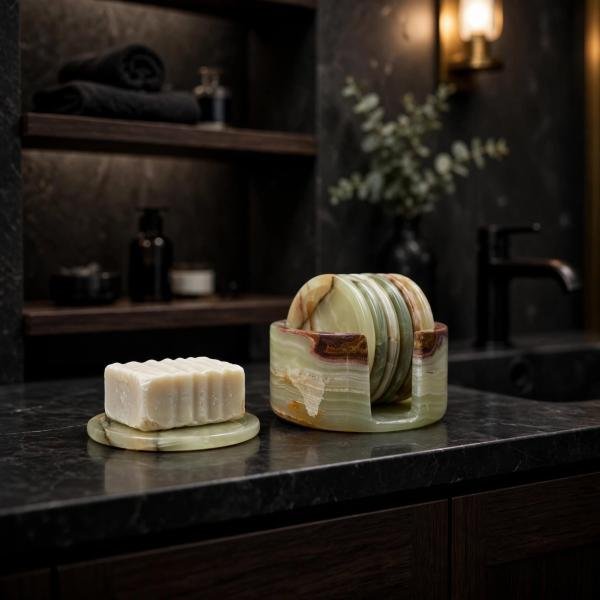 Handmade Green Onyx Coasters | Natural Marble Drink Coasters with Holder | Luxury Home Decor