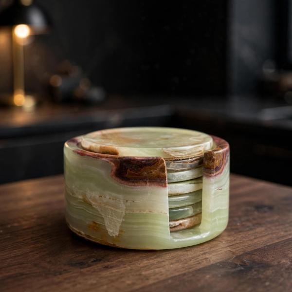 Handmade Green Onyx Coasters | Natural Marble Drink Coasters with Holder | Luxury Home Decor