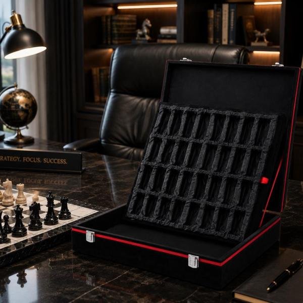 Black Velvet Chess Set Storage Case, Luxury Organizer, Protective Display Box