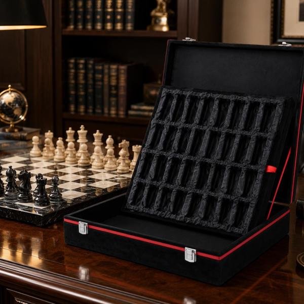 Black Velvet Chess Set Storage Case, Luxury Organizer, Protective Display Box