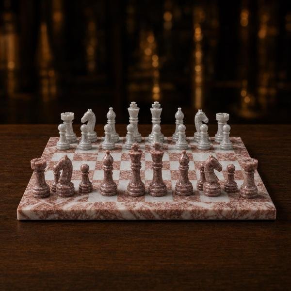 Handmade Pink White Marble Chess Set, 12 Inch Stone Board, Luxury Home Decor