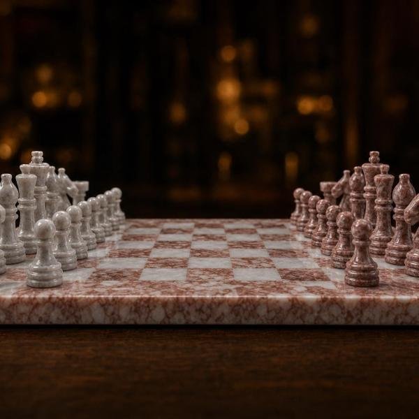Handmade Pink White Marble Chess Set, 12 Inch Stone Board, Luxury Home Decor