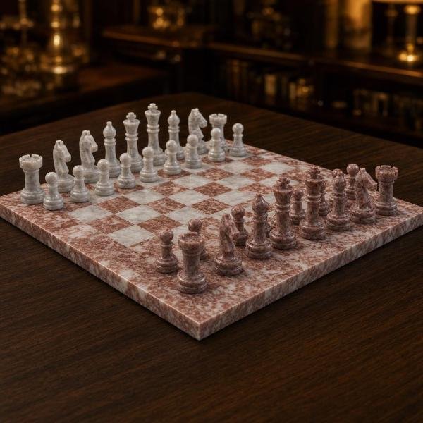 Large Inch Pink White Marble Chess Set, Handmade Natural Stone Board
