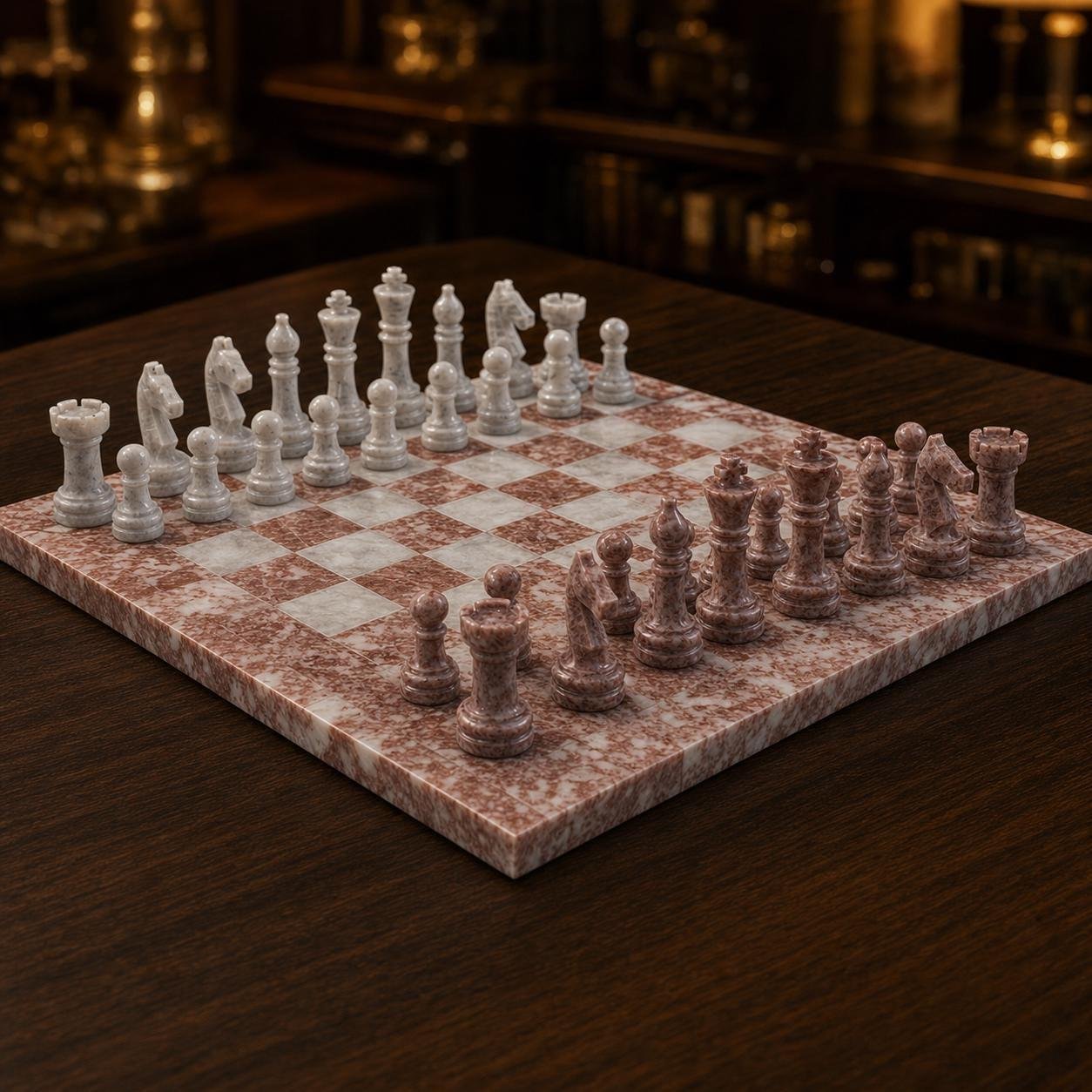 15 Inch Pink White Marble Chess Set, Handmade Natural Stone Board