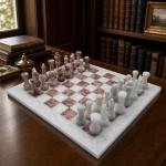 Large White and Pink Marble Chess Set, Handmade Natural Stone Board