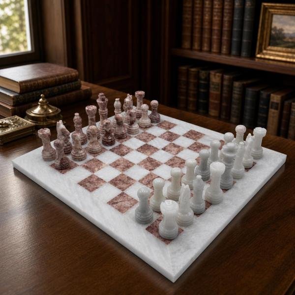12-Inch White and Pink Marble Chess Set, Handmade Natural Stone Board