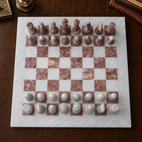 12-Inch White and Pink Marble Chess Set, Handmade Natural Stone Board