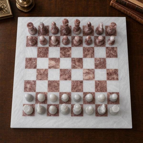 Large White and Pink Marble Chess Set, Handmade Natural Stone Board
