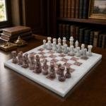 Large White and Pink Marble Chess Set, Handmade Natural Stone Board