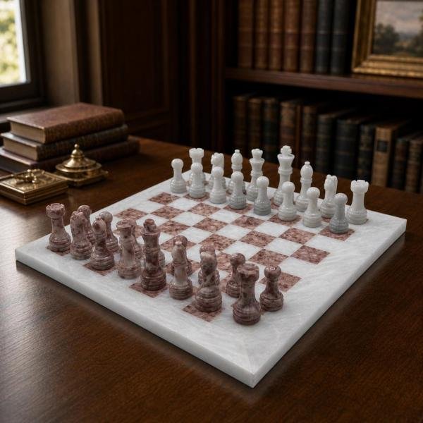 Large White and Pink Marble Chess Set, Handmade Natural Stone Board