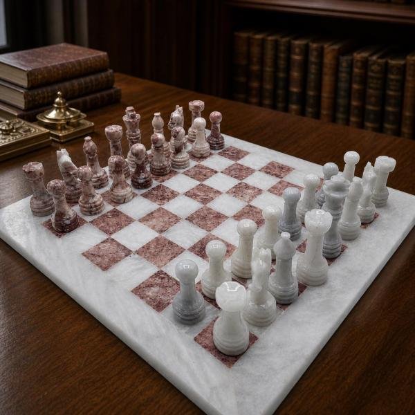 15-Inch White and Pink Marble Chess Set, Handmade Natural Stone Board
