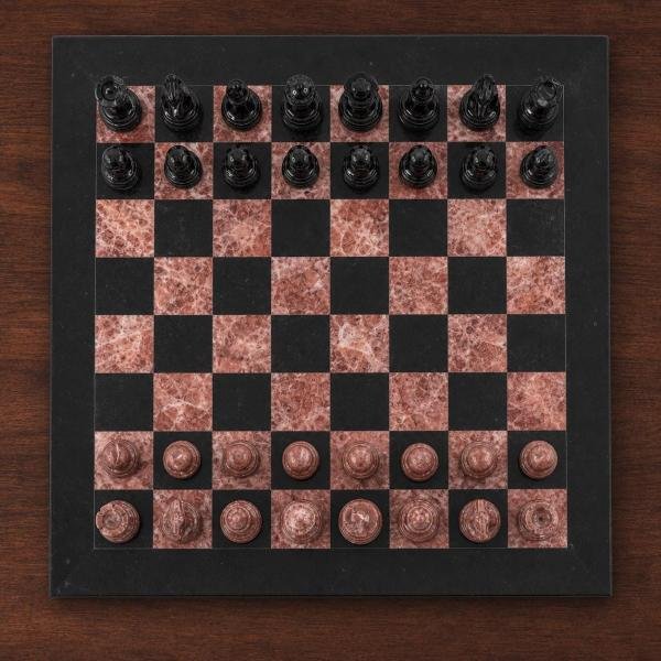 12 inch Black and Pink Marble Chess Set, Handmade Natural Stone Board Game