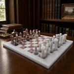Large White and Pink Marble Chess Set, Handmade Natural Stone Board