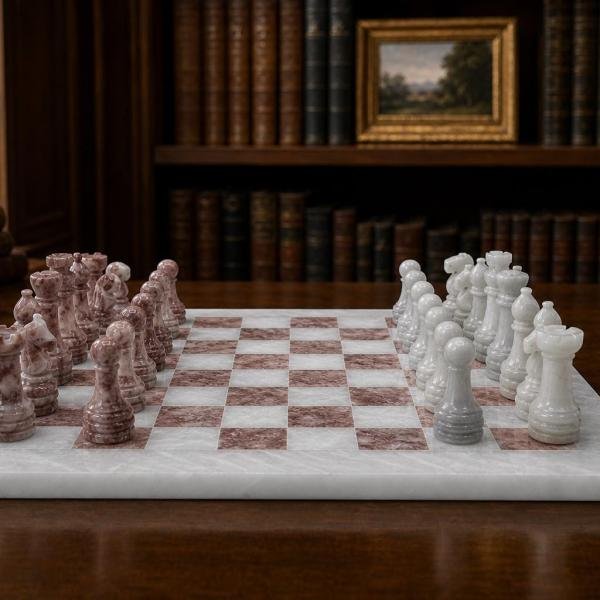 15-Inch White and Pink Marble Chess Set, Handmade Natural Stone Board