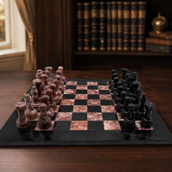 12 inch Black and Pink Marble Chess Set, Handmade Natural Stone Board Game