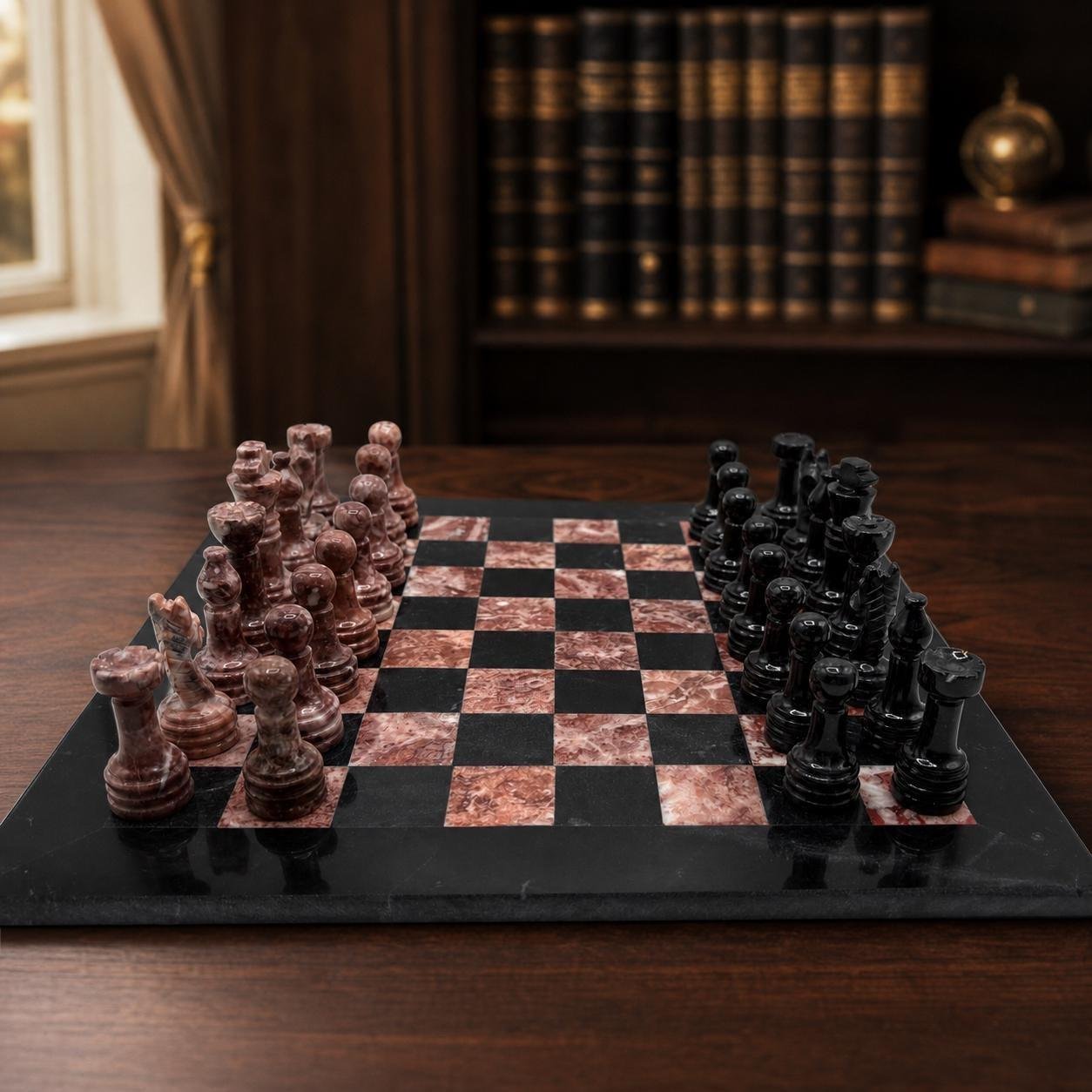 12 inch Black and Pink Marble Chess Set, Handmade Natural Stone Board Game