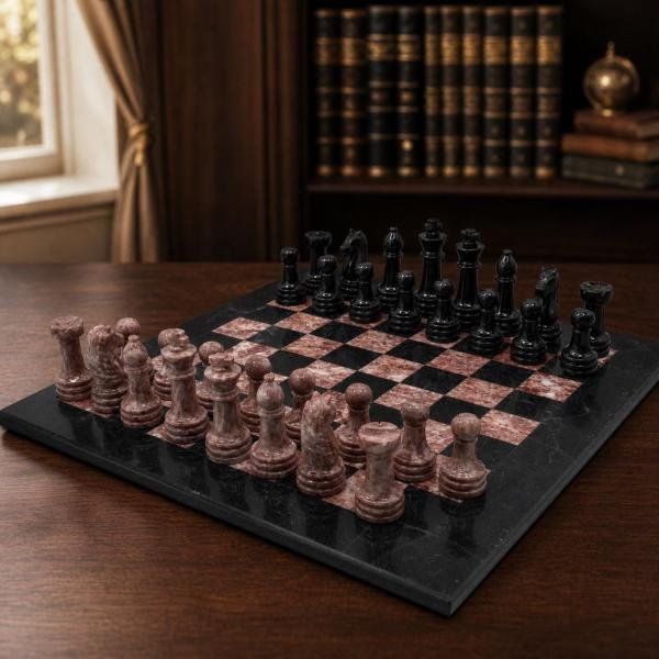 12 inch Black and Pink Marble Chess Set, Handmade Natural Stone Board Game