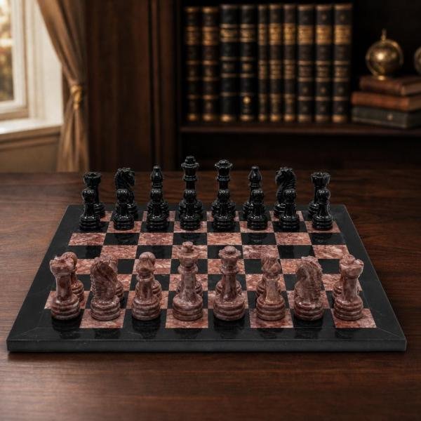 12 inch Black and Pink Marble Chess Set, Handmade Natural Stone Board Game