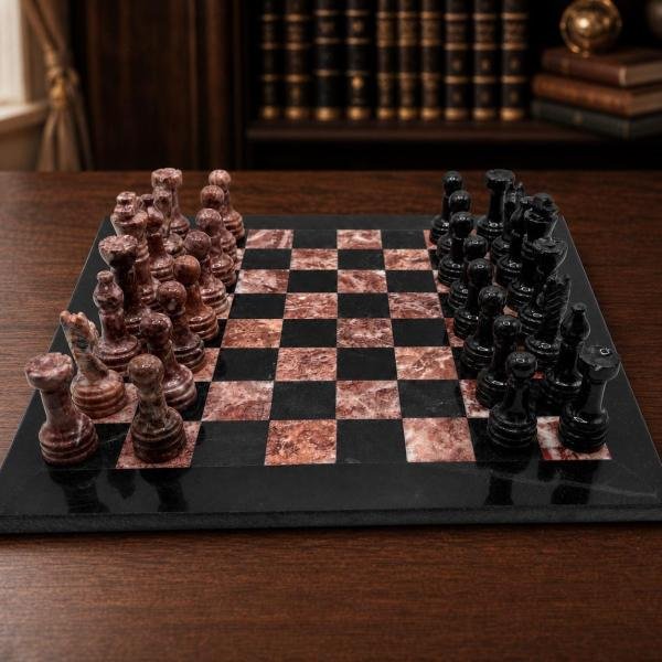 12 inch Black and Pink Marble Chess Set, Handmade Natural Stone Board Game