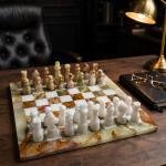 Large Handcrafted Green White Marble Chess Set, Natural Stone Board, Luxury Gift