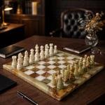 Large Handcrafted Green White Marble Chess Set, Natural Stone Board, Luxury Gift