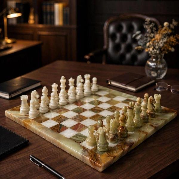 Handcrafted Green White Marble Chess Set, Natural Stone Board Game, Luxury Home Decor