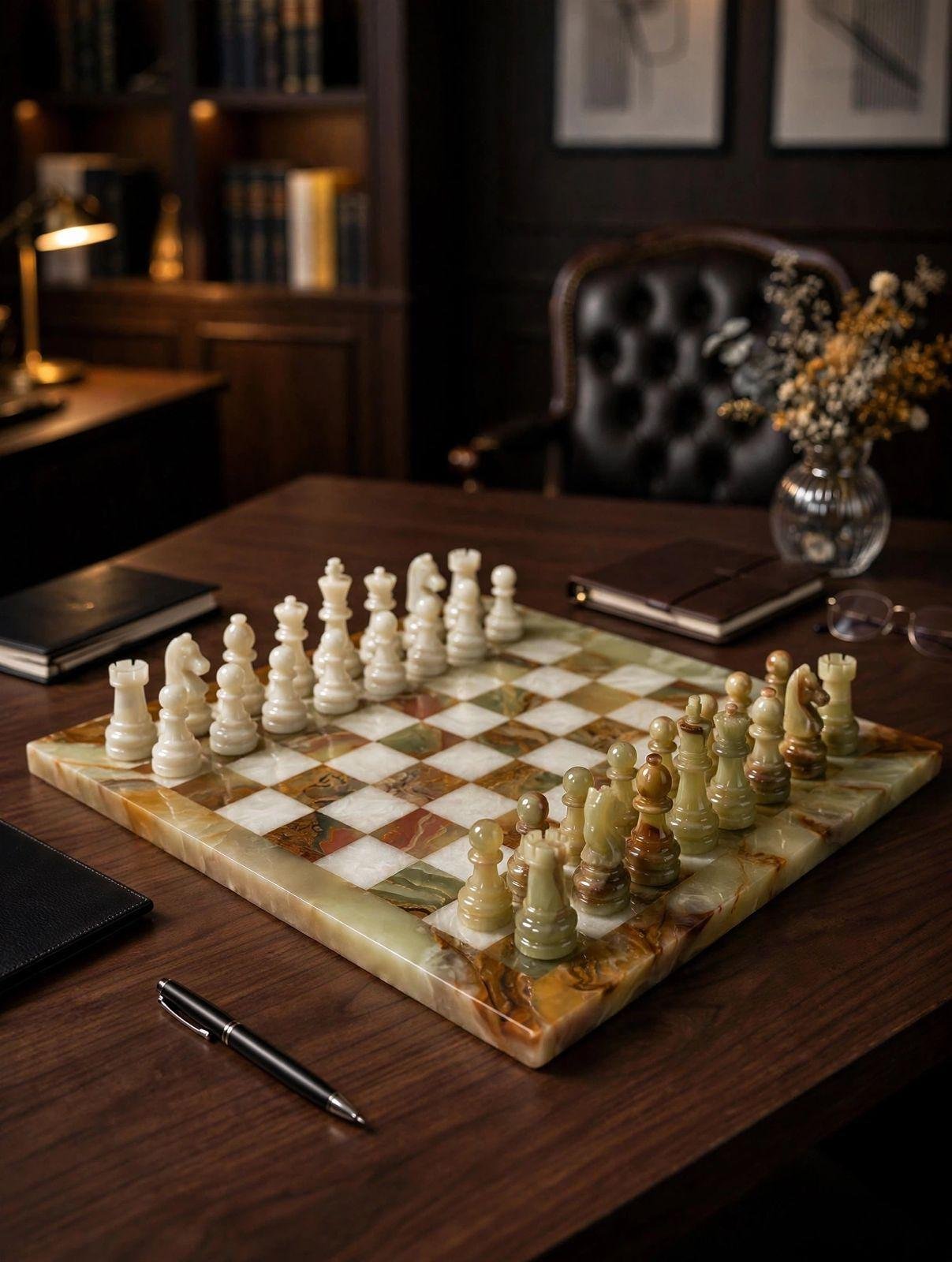 Handcrafted Green White Marble Chess Set, Natural Stone Board Game, Luxury Home Decor