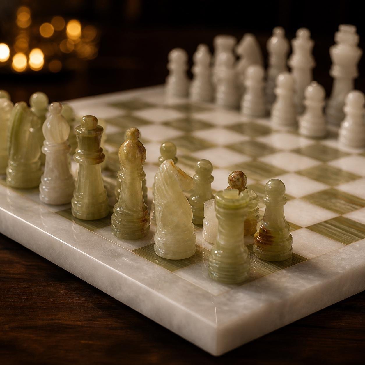 Large Handcrafted White & Green Marble Chess Set, Natural Stone Board, Luxury Chess Gift