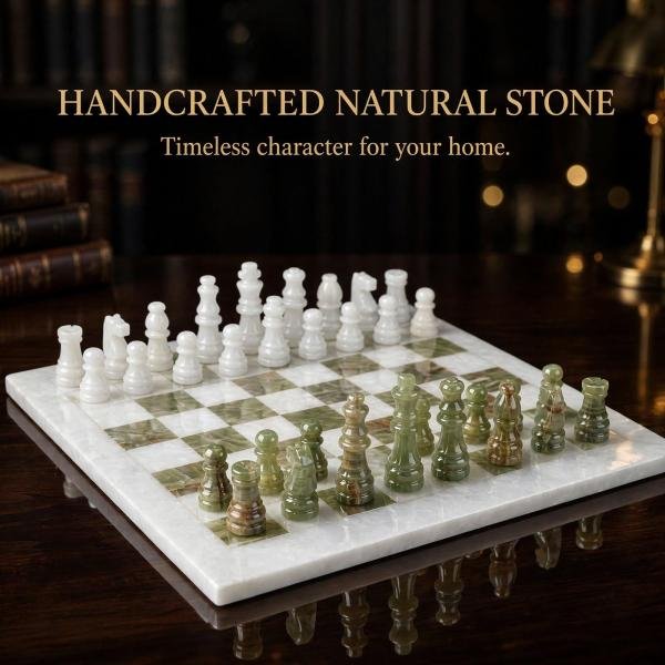 White and Green Marble Chess Set, 12 Inch Handmade Natural Stone Board