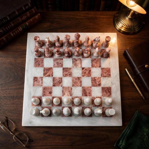 15-Inch White and Pink Marble Chess Set, Handmade Natural Stone Board
