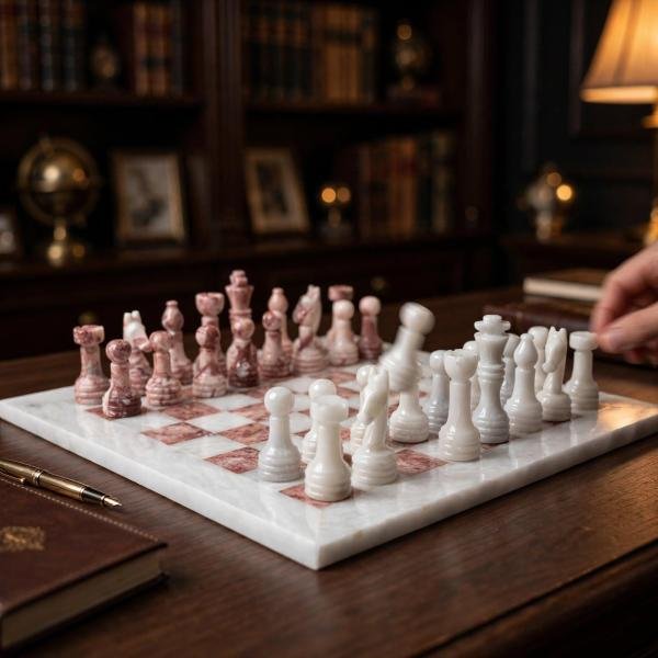 12-Inch White and Pink Marble Chess Set, Handmade Natural Stone Board