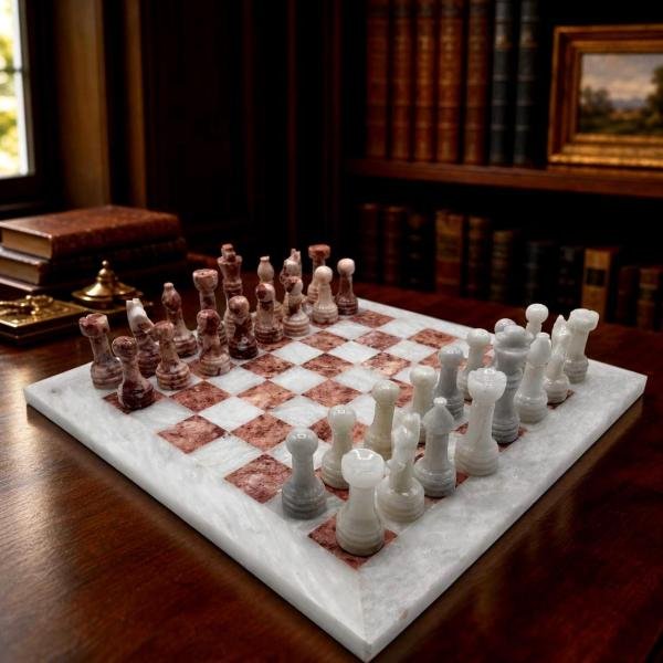 12-Inch White and Pink Marble Chess Set, Handmade Natural Stone Board