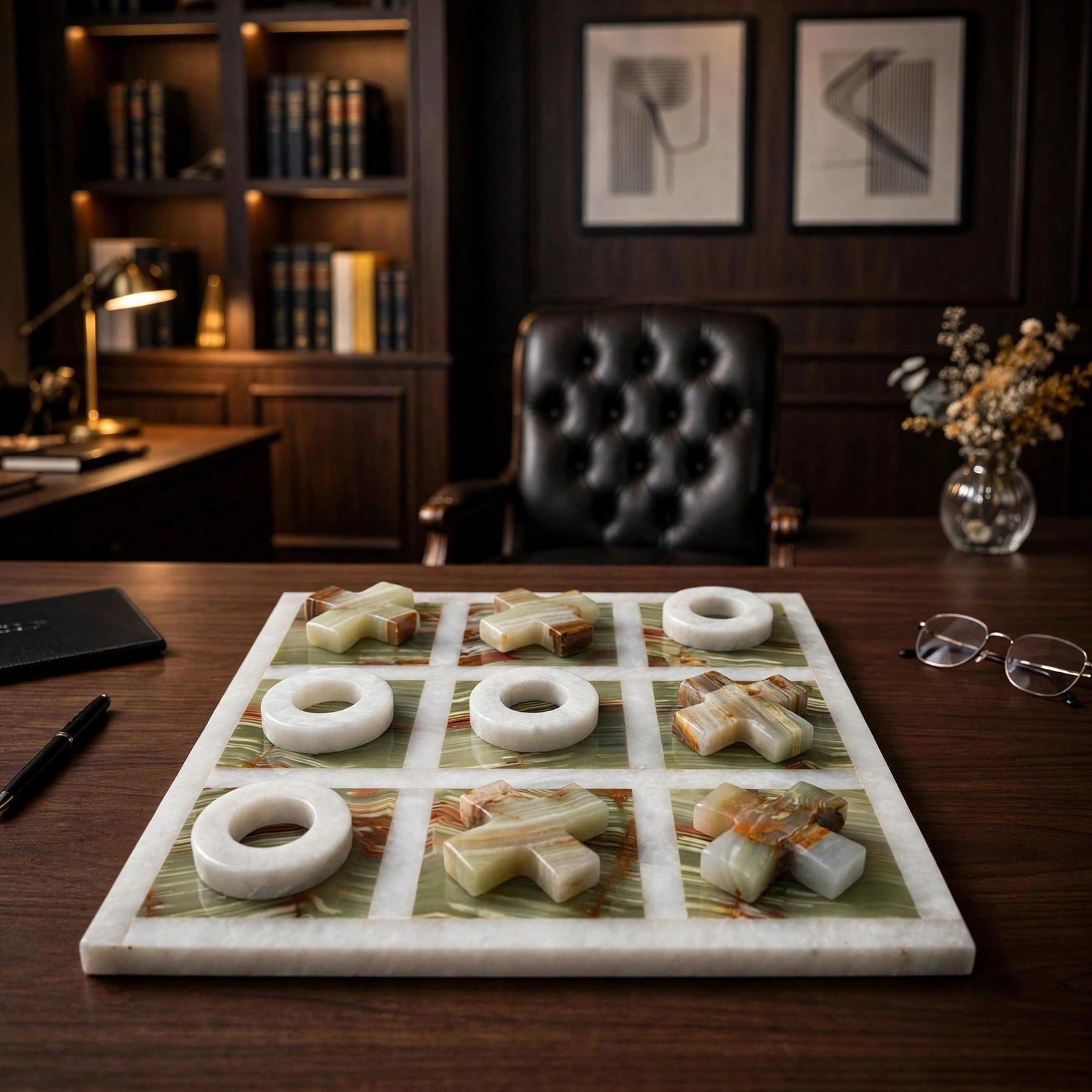 Handmade Onyx Marble Tic Tac Toe Game: White Green Stone Board, Luxury Home Decor