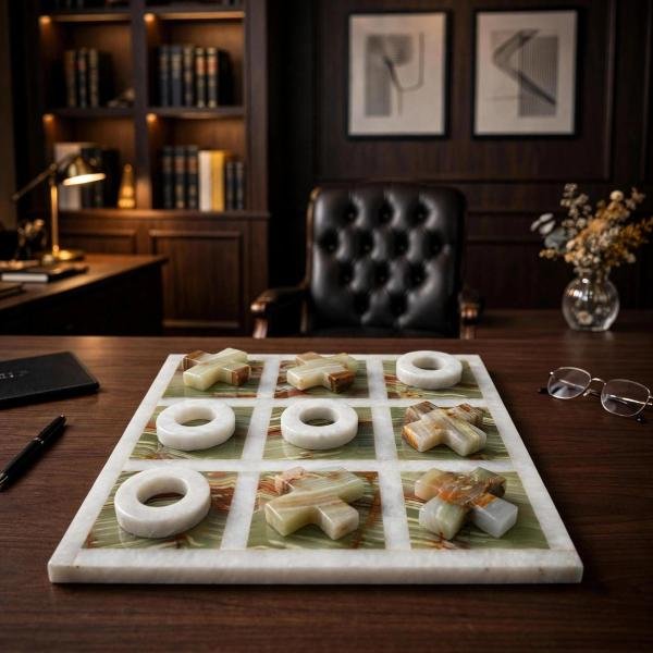 Handmade Onyx Marble Tic Tac Toe Game: White Green Stone Board, Luxury Home Decor